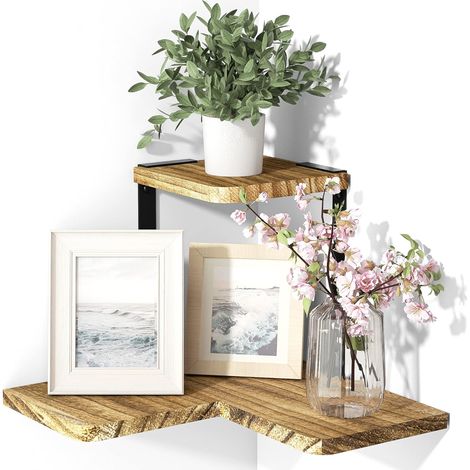 Étagère d'angle Murale Métal et Bois Massif de Paulownia Marron Style Vintage et Cottage, Pour Chambre à Coucher, Salon, Salle de Bain ou Cuisine (1/5)