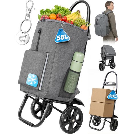 Homecall Einkaufstrolley klappbar Einkaufswagen 4-in-1 Utility Trolley Mit Kühltasche-58L, Einkaufswagen, Rucksack & Tragetasche in einem (dunkelgrau)