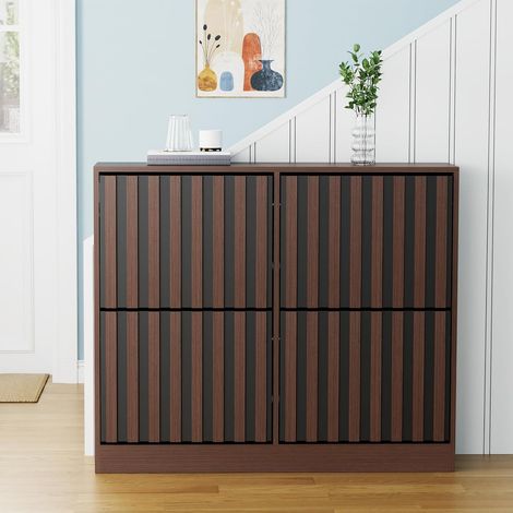 UEV Armoire à Chaussures avec 4 Abattants, Meuble à Chaussures Inclinable, Étagère Réglables et Amovibles, Motif en Ligne, pour Entrée, Couloir, Salon, 102 x 24 x 86,5cm, Marron et Noir