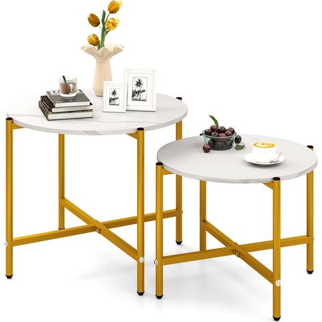 Tables Basses Gigognes Rondes de 55 cm et 65 cm avec Cadre en Métal, Ensemble de Tables d'Appoint pour Salon, Chambre, Blanc (1/5)