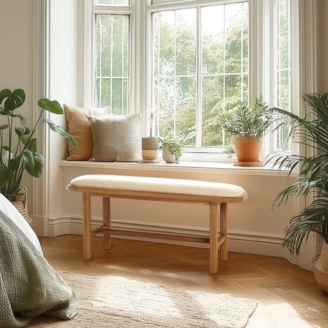AMY - Banc 1 place avec coussin blanc en bois de mindi et rotin naturel AMY