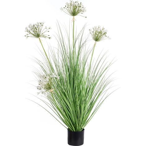 Pianta artificiale in vaso decorazione ornamentale in plastica con vaso nero e fiori bianchi 120 cm Onion Grass (1/5)