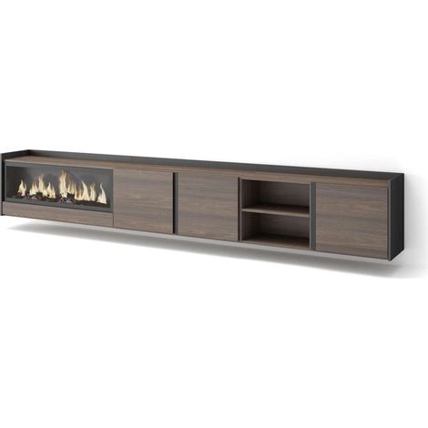 Mueble TV Cajiz-02 de 315x50x35 cm con chimenea y luces LED, suspendido, color roble oscuro y negro (1/4)
