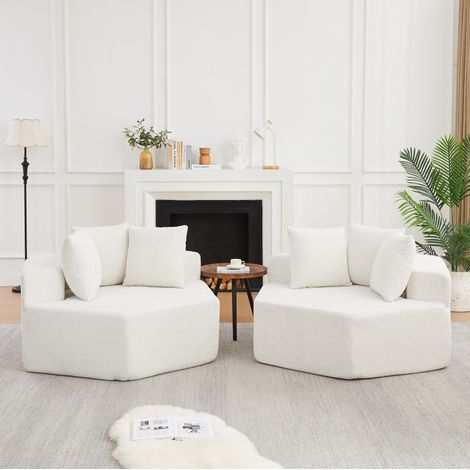Poltrona lounge modulare esagonale beige in ciniglia, con 3 cuscini (1/5)