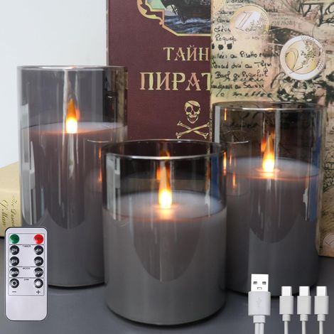Bougies LED sans flamme - Lot de 3 - Verre gris et cire réelle - Rechargeables avec télécommande - Salon mariage décoration - 7,6x10/13/15 cm (1/5)