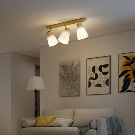 Plafonnier avec 3 points lumineux orientables à 90° et douilles E27. Couleur bois.