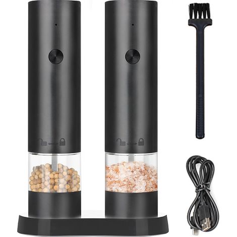 Ensemble de 2 moulins à sel et à poivre électriques avec base de rangement, moulin à épices rechargeable, moulin à poivre réglable à 4 niveaux pour la cuisine (1/5)