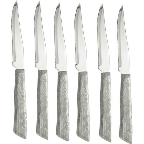 Set 6 Coltelli da Bistecca Professionali in Acciaio Inox 22 cm con Lama con punta Seghettata da 11 cm Manico in Polipropilene Effetto Legno Olmo sbiancato Lavabili in Lavastoviglie Made in Italy