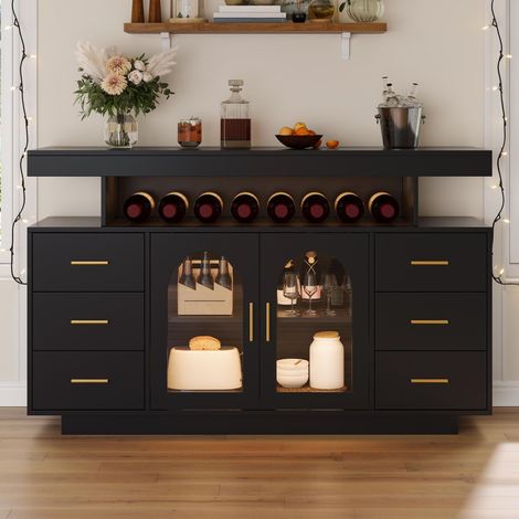 Mobile bar 140 x 40 x 82 cm led rgb, 6 cassetti, 2 ante in vetro, ripiano a giorno stile moderno MDF nero, oro (1/5)