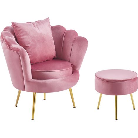 Poltrona Camera da Letto e Salotto in Velluto con Poggiapiedi Contenitore - Poltroncina Conchiglia con Gambe in Metallo Placcato Oro - Design Moderno, Seduta Morbida con Cuscino - Sedia in Velluto Ros (1/5)