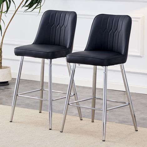 Pack de 2 taburetes de bar para isla de cocina y barra de casa, en piel sintética PU y estructura de metal plateado con respaldo y reposapiés, negro (1/5)