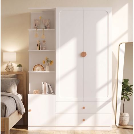 Kleiderschrank 135x45x200 cm, flexibler Seitenschrank, 2 Kleiderstangen, MDF Massivholz Stahl, weiß (1/5)