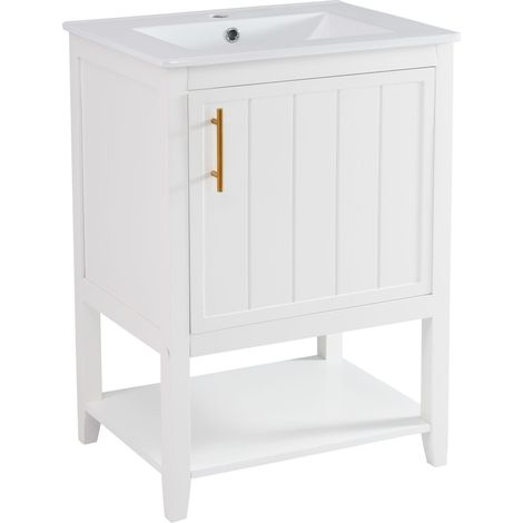 Meuble lavabo 60cm avec vasque céramique, étagère, blanc (1/5)