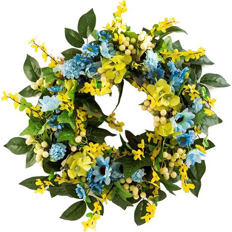 Couronne de printemps de porte, couronne florale artificielle réaliste avec feuilles vertes pour la décoration murale de la porte de la maison