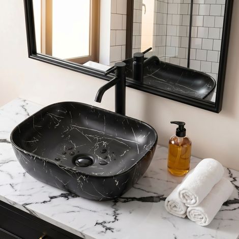Infinitio Lavabo sobre encimera 45,5 x 32,5 x 13,5 cm sin rebosadero, mármol negro mate (SATINF4532MRBKM)