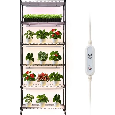 Support Plantes Intérieur avec Lampe de Croissance, Étagère Plantes 6 Niveaux, 180 cm, 150 W, avec Roulettes, Minuterie 4/9/14 h, 3 Modes Couleur Éclairage, Meuble Présentoir pour Pots de Fleurs (1/5)