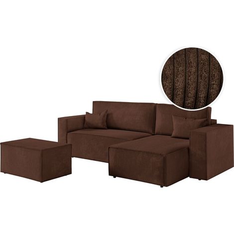 PACK - CLARISSE - Canapé d'angle convertible réversible avec pouf en velours côtelé - Marron (1/5)