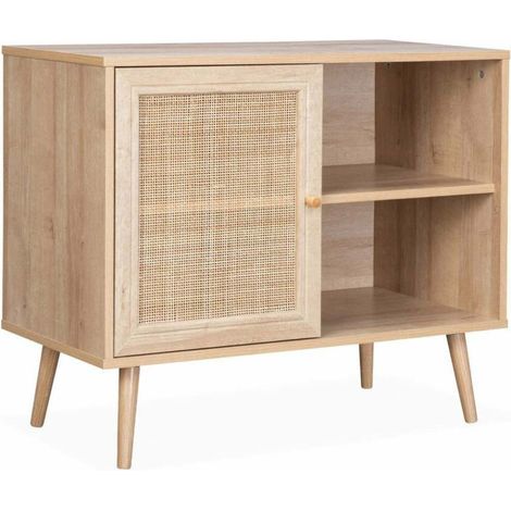 Commode bois avec Porte maillage rotin 80x39x66cm (1/5)