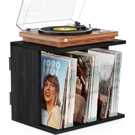 Support vinyles en bois, montage mural, style vintage, meuble pour vinyle avec 3 compartiments, support pour vinyles, jusqu'à 100 albums, pour salon ou bureau (Noir) (1/5)