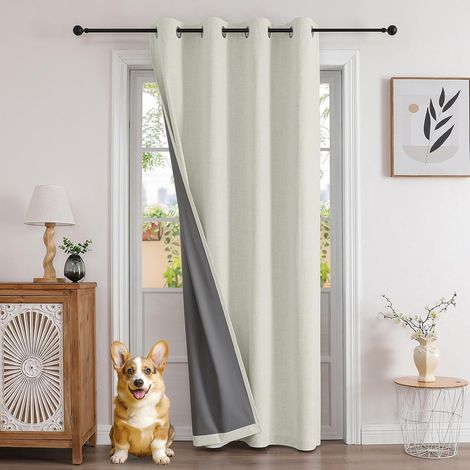 Rideau Thermique Porte d'Entrée Effet Lin 140x240cm 1 Panneau avec Revetement 100% Anti-Lumineux, Rideau Occultant Porte Intérieur à Oeillets pour Chambre Dressing Armoire - Beige Clair (1/5)