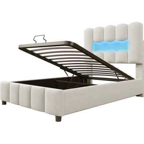 Polsterbett 90x200 cm mit hydraulischem Bettkasten und LED, beige Samt MODENUIT (1/5)