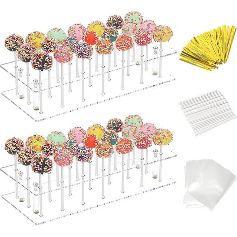 2 Pièces support pour sucettes, 21 Trous Présentoir à Sucettes en Acrylique Avec 100 Bâtonnets à Sucettes, Sachet Bonbon, Ties Torsadées,Support Cake Pop pour Mariage Fête Anniversaire Noël (1/5)