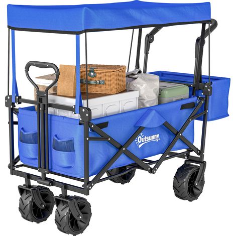 Oxfordblauer, faltbarer Stahlwagen mit Dach, Griff und Korb, schwarzer Geländetransport