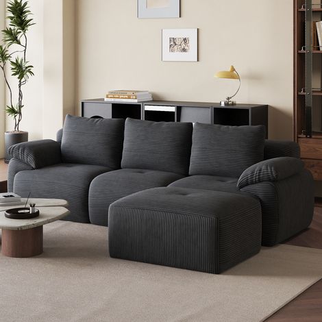 JOOKGBD-Ecksofa 3-sitzig modular mit Hocker,Kordelsamt,vakuumverpackt vormontiert,hochdichte Schaumstoffpolsterung,breite Armlehnen 34cm,für modernes Wohnzimmer,grau (1/5)