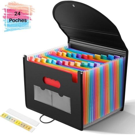 - Trieur à Soufflets Classeur Rangement Papier Chemise Trieur Plastique 24 Compartiments Avec Couvercle A4 Documents Extensible