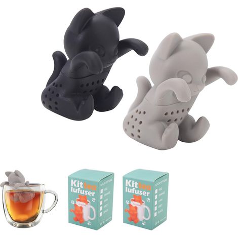 Lot de 2 passoires à thé amusantes, en silicone, en forme de chaton, pour thé en vrac, noir et gris, idéales pour la préparation du thé ou comme cadeau de pendaison de crémaillère.