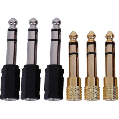 Adaptateur pour casque audio stéréo, lot de 6 : prise jack mâle 6,35 mm (1/4 pouce) vers prise femelle 3,5 mm (1/8 pouce), plaqué or noir (JN). (1/5)