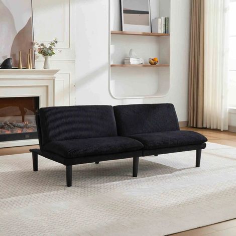 Dreifach-verstellbares 2-Sitzer-Sofa in schwarz, 106-140-180° – Schwarze Kunststoff-Rundfüße, kord-ähnlicher Samtbezug, Holz-Lattenuntergestell, entspannte Lounge-Couch für Wohnzimmer & Home-Cinema