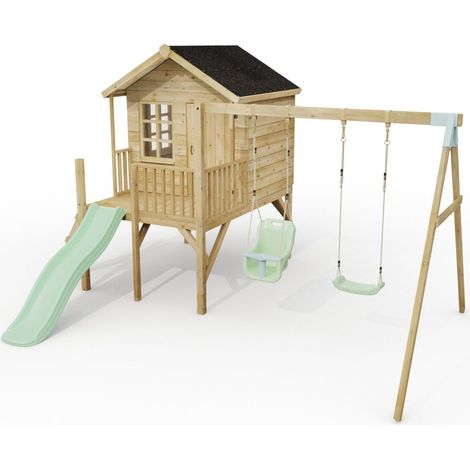ClassicPlay Premium 5ft Playhouse on Deck with Double Swing and Slide Mint Green (1/5)