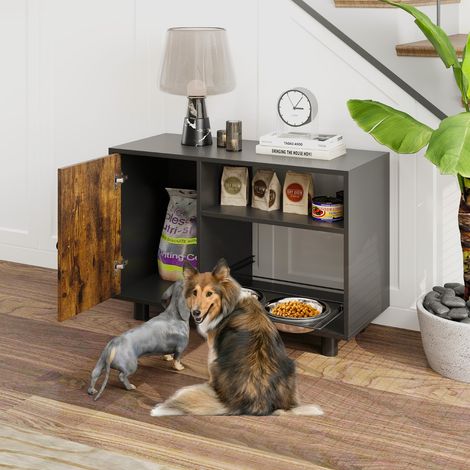 Armoire de Rangement pour Nourriture de Chien Station d'Alimentation Élevée Réglable en Hauteur avec 2 Bols Surélevés Marron (1/2)