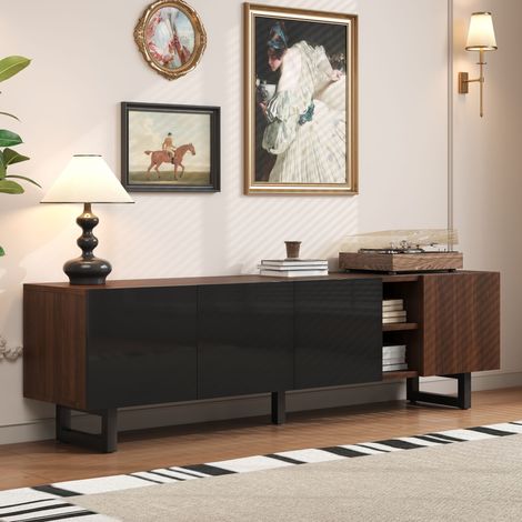 Modernluxe – Meuble TV 180x38x50 cm – 4 portes sans poignées – Aspect bois naturel et noir – MDF et panneaux de particules – Rangement optimisé (1/5)