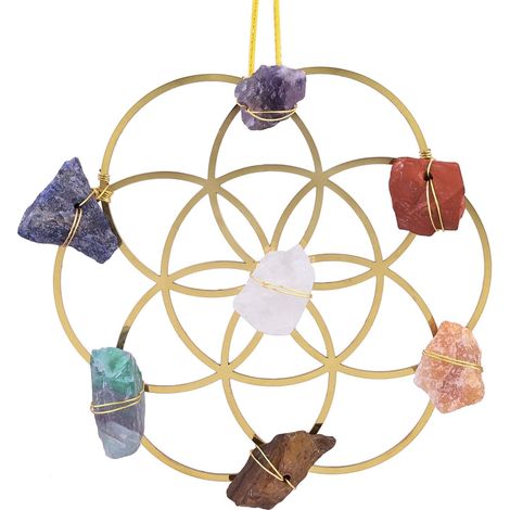 7 Chakra Fleur de Vie Ornement Suspendu, Reiki Géométrie Sacrée Grille Cintre Mural avec Pierre de Cristal Brut Naturelle pour la Décoration de Bureau à Domicile (1/5)