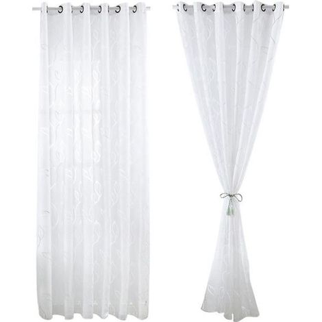 (Blanc)2 Pièces Rideaux Voilage Blanc 100x250 cm avec Motifs de Feuilles Décoration Élégante de Salon Chambre Salle à Manger (1/4)