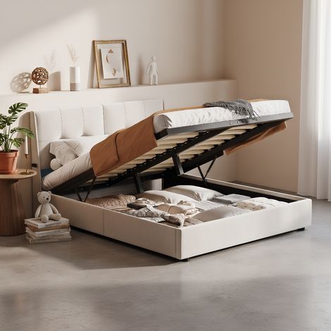 Polsterbett 140x200 cm mit LED-Beleuchtung, Doppelbett mit hydraulischem Stauraum, Modernes Jugendbett, Bettgestell mit Kopfteil und Lattenrost, Velour Beige, Ohne Matratze