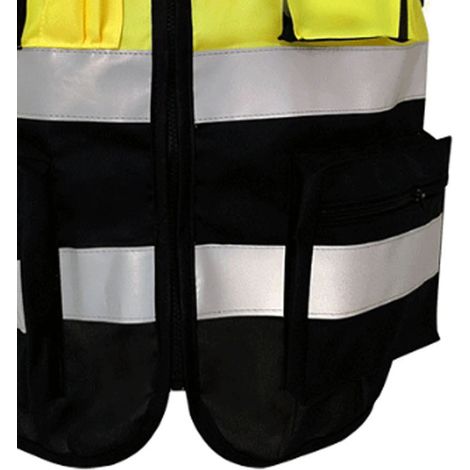 Gilet de sécurité réfléchissant, haute visibilité, fermeture éclair sur le devant, col souple, avec poches, adapté au travail, jaune/noir, taille XL, 175 cm (1/5)