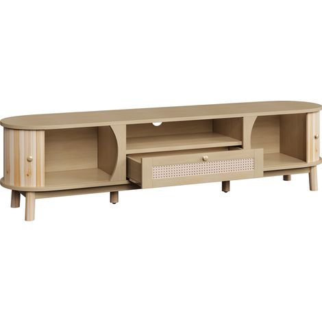 Meuble TV en rotin, portes bois massif, tiroirs, style champêtre, rangement bas pour salon,Naturel (1/5)