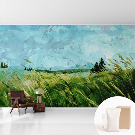 Tapete Vliestapete mit Kleber - modernes Design - Wohnungsdeko - geruchslos - langlebig Grüne Landschaften 416x254 cm (1/5)
