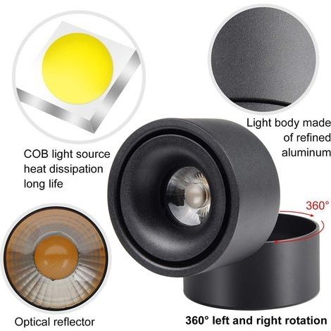 7-W-LED-Deckeneinbaustrahler, verstellbarer Winkel, COB-Technologie, 360° drehbar, neutralweiß (4000 K), schwarz (1/4)