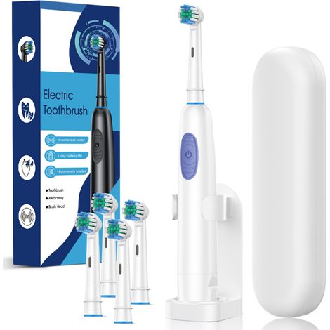 Brosse à dents électrique rotative SENK à tête ronde sur piles 4 brossettes avec support et étui de voyage Blanc (1/5)