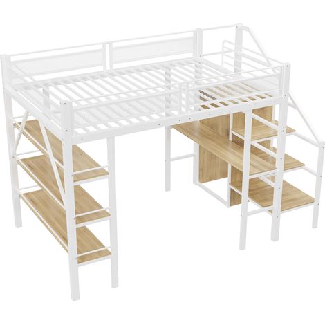 Letto a soppalco 140 x 200 cm in metallo bianco con scrivania, armadio e scala contenitore (1/5)