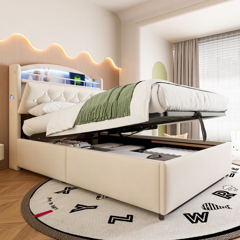 REDOM Lit enfant 90x200 cm avec espace de rangement LED port USB cadre en métal et tissu velours beige (Sans matelas) (1/5)