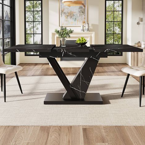 Table à manger extensible 120-160x75 cm noir, plateau effet marbre, rallonges intégrées, cuisineséjour (1/5)