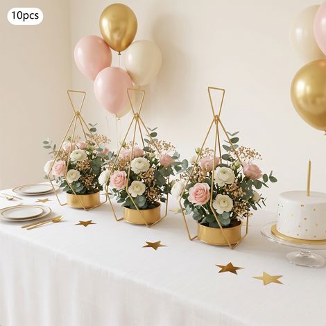 10 Pièces Panier à fleurs en métal doré pour table, centres de table de mariage élégants aux motifs géométriques - 27(L)×40(H) cm (1/5)