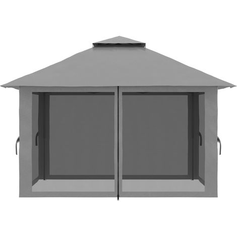 Tonnelle pliante 4x4 m en fer avec double toit, parois moustiquaires, UV50+, gris foncé (1/4)