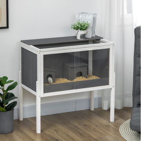 Cage pour hamster en bois 82 x 45 x 81 cm avec 2 niches et accessoires, gris foncé OKMYHOME (1/5)