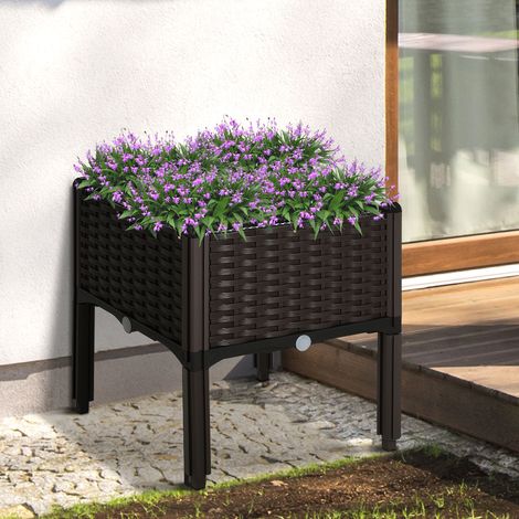 Jardinière surélevée avec trous de drainage, bac à fleurs aspect rotin, plastique, marron, 40 x 40 x 44 cm (1/5)
